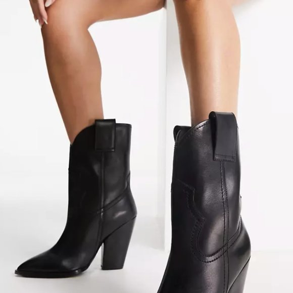 ASOS DESIGN Ranch leather mid-calf heeled western boots in black size 6 - Picture 4 of 5